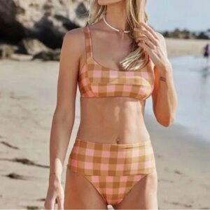 L*Space Checkered High-Waisted Bikini Bottom in brown and pink size M